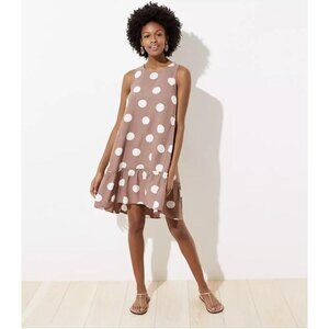 LOFT Petite Rusty Brown w Large White Dots Tie Back Neck Ruffle Bottom Sz SP